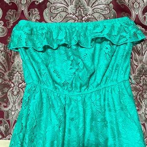 Strapless floral lace green long summer dress